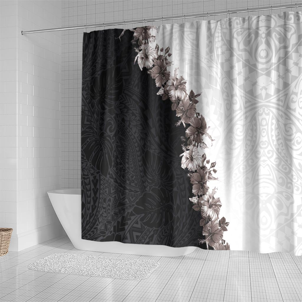 Hawaii Grayscale Hibiscus Flowers Shower Curtain Polynesian Pattern With Half Black White Version LT03 - Polynesian Pride