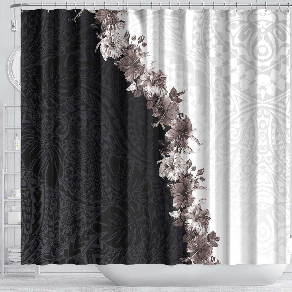 Hawaii Grayscale Hibiscus Flowers Shower Curtain Polynesian Pattern With Half Black White Version LT03 - Polynesian Pride