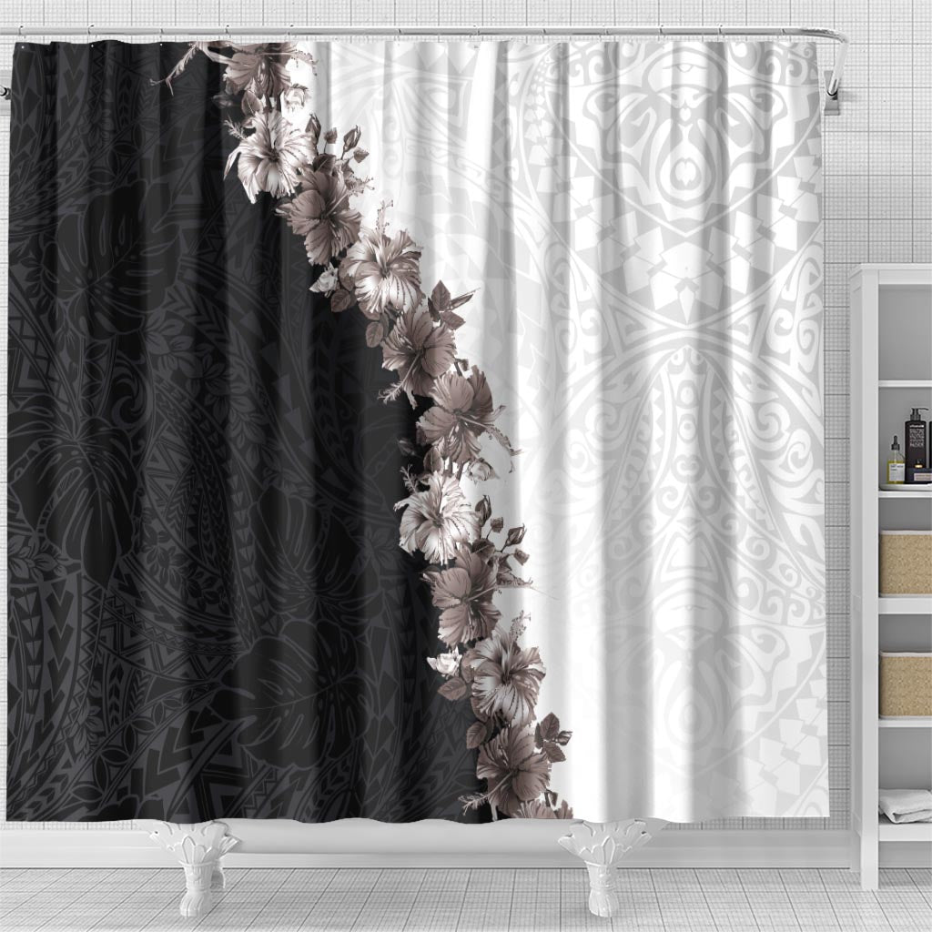 Hawaii Grayscale Hibiscus Flowers Shower Curtain Polynesian Pattern With Half Black White Version LT03 - Polynesian Pride
