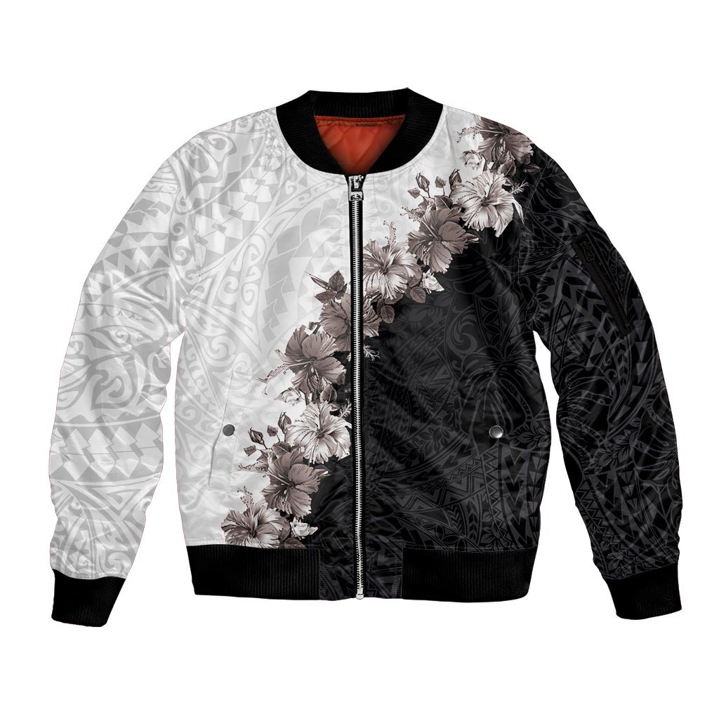 Hawaii Grayscale Hibiscus Flowers Sleeve Zip Bomber Jacket Polynesian Pattern With Half Black White Version LT03 Unisex Black - Polynesian Pride