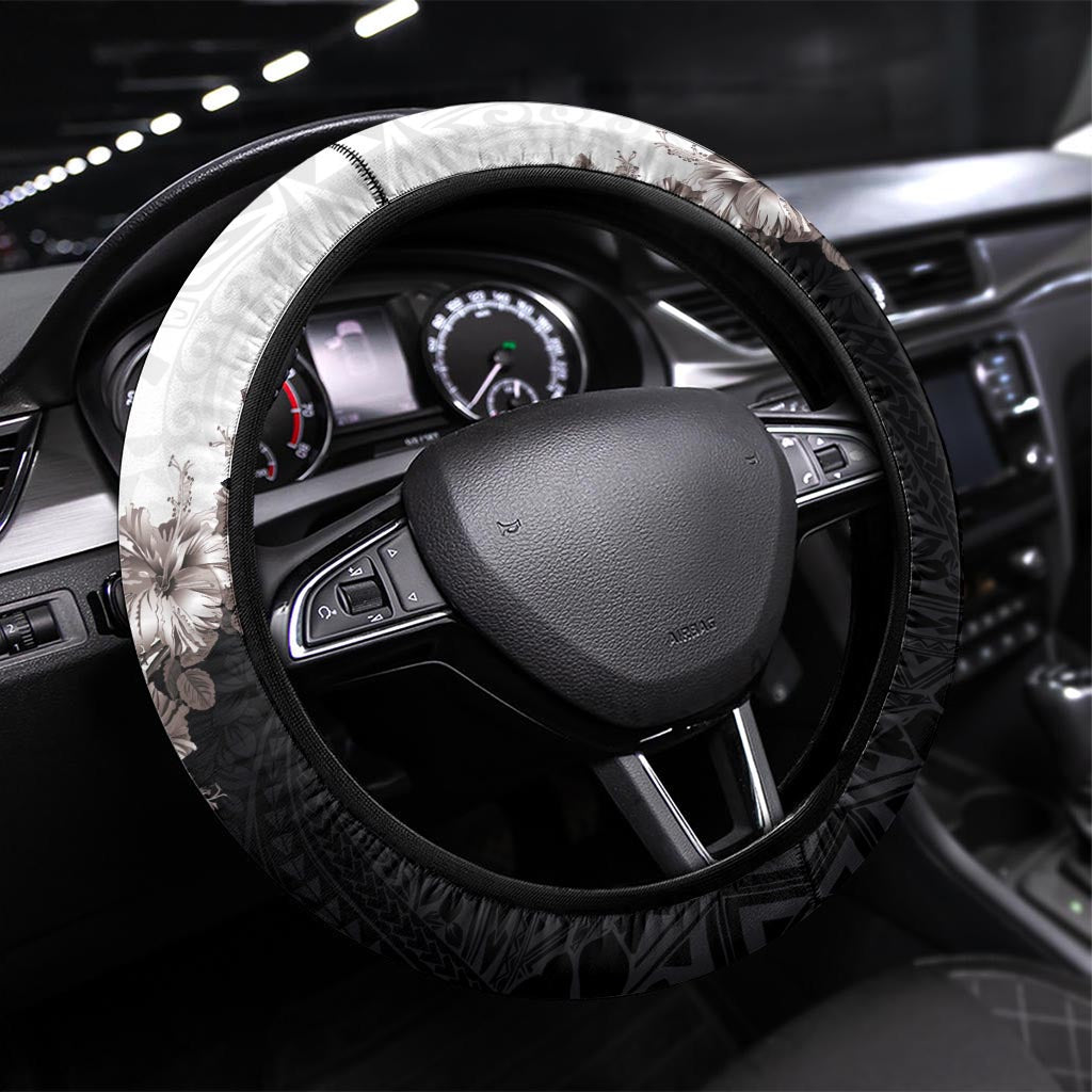 Hawaii Grayscale Hibiscus Flowers Steering Wheel Cover Polynesian Pattern With Half Black White Version LT03 Universal Fit Black - Polynesian Pride