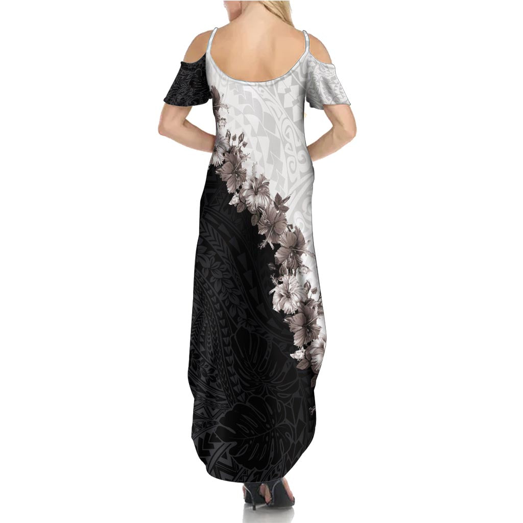 Hawaii Grayscale Hibiscus Flowers Summer Maxi Dress Polynesian Pattern With Half Black White Version LT03 - Polynesian Pride