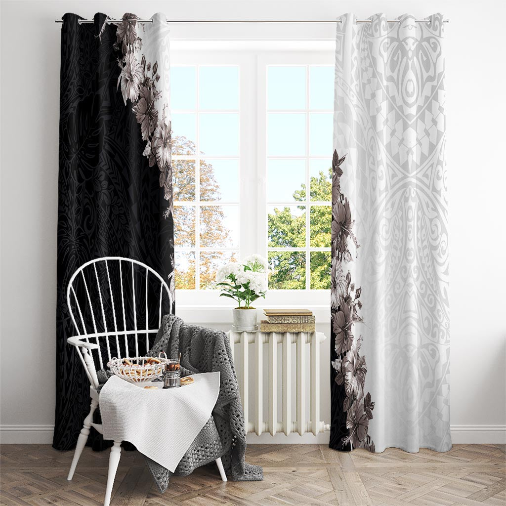 Hawaii Grayscale Hibiscus Flowers Window Curtain Polynesian Pattern With Half Black White Version LT03 - Polynesian Pride