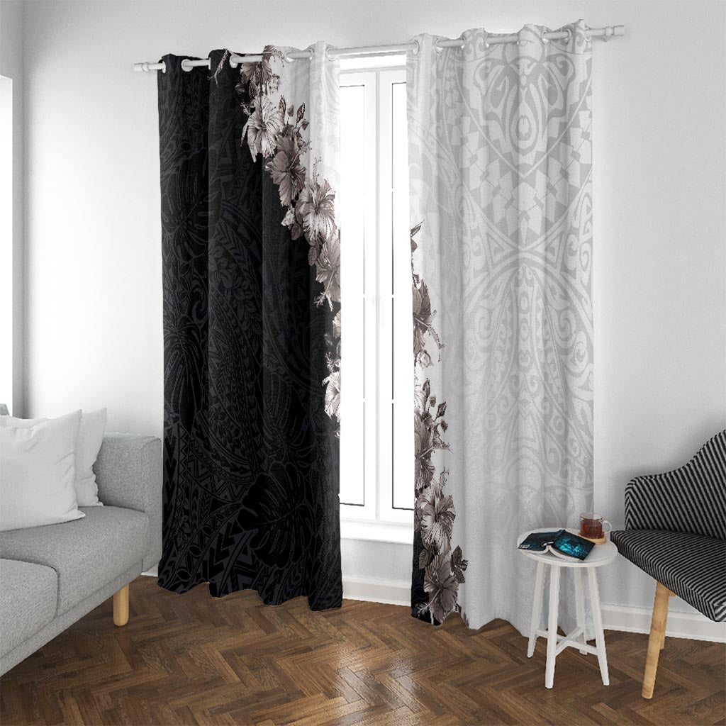 Hawaii Grayscale Hibiscus Flowers Window Curtain Polynesian Pattern With Half Black White Version LT03 With Grommets Black - Polynesian Pride