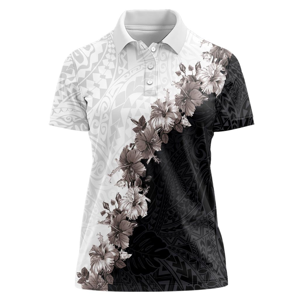 Hawaii Grayscale Hibiscus Flowers Women Polo Shirt Polynesian Pattern With Half Black White Version LT03 Female Black - Polynesian Pride