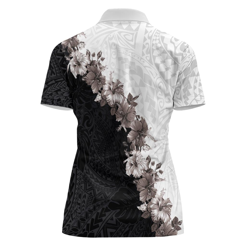 Hawaii Grayscale Hibiscus Flowers Women Polo Shirt Polynesian Pattern With Half Black White Version LT03 - Polynesian Pride