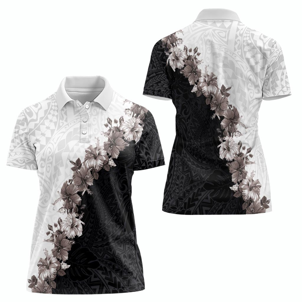 Hawaii Grayscale Hibiscus Flowers Women Polo Shirt Polynesian Pattern With Half Black White Version LT03 - Polynesian Pride