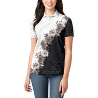 Hawaii Grayscale Hibiscus Flowers Women Polo Shirt Polynesian Pattern With Half Black White Version LT03 - Polynesian Pride