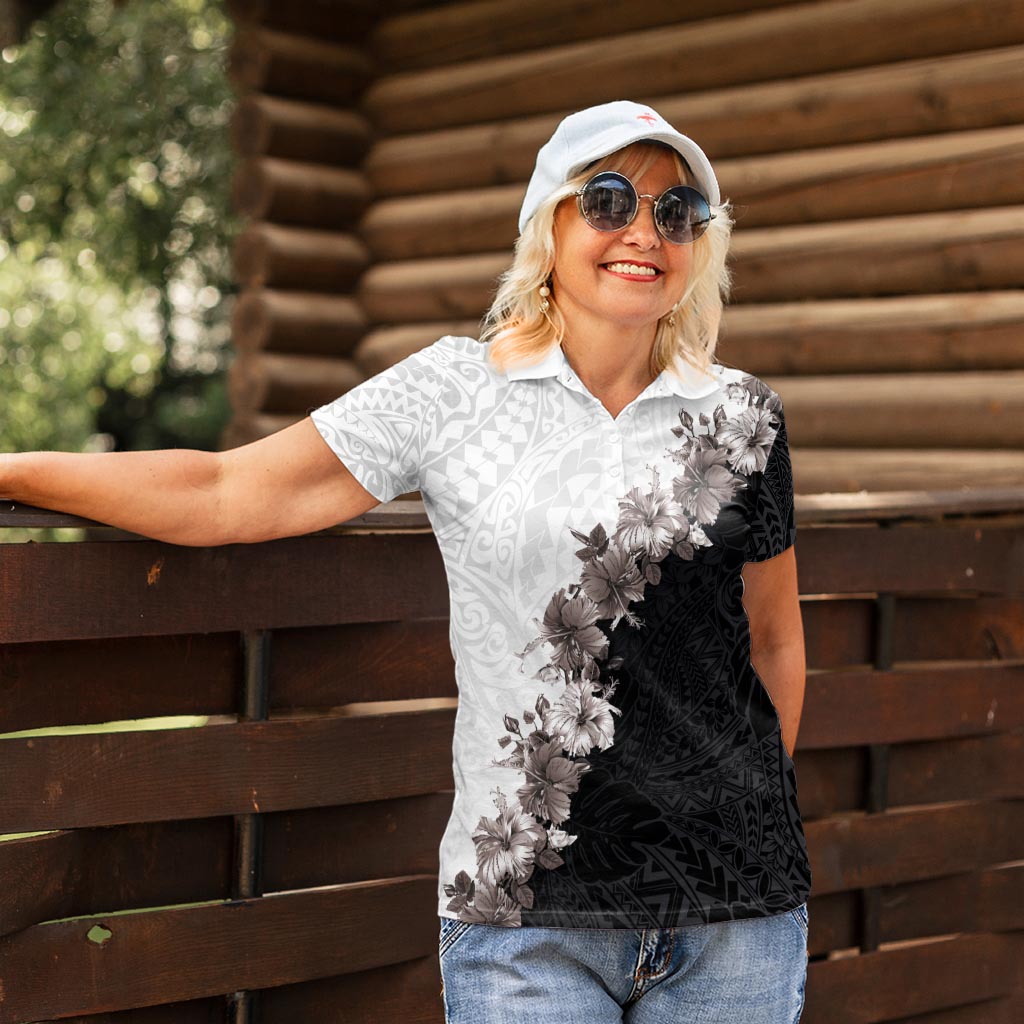 Hawaii Grayscale Hibiscus Flowers Women Polo Shirt Polynesian Pattern With Half Black White Version LT03 - Polynesian Pride