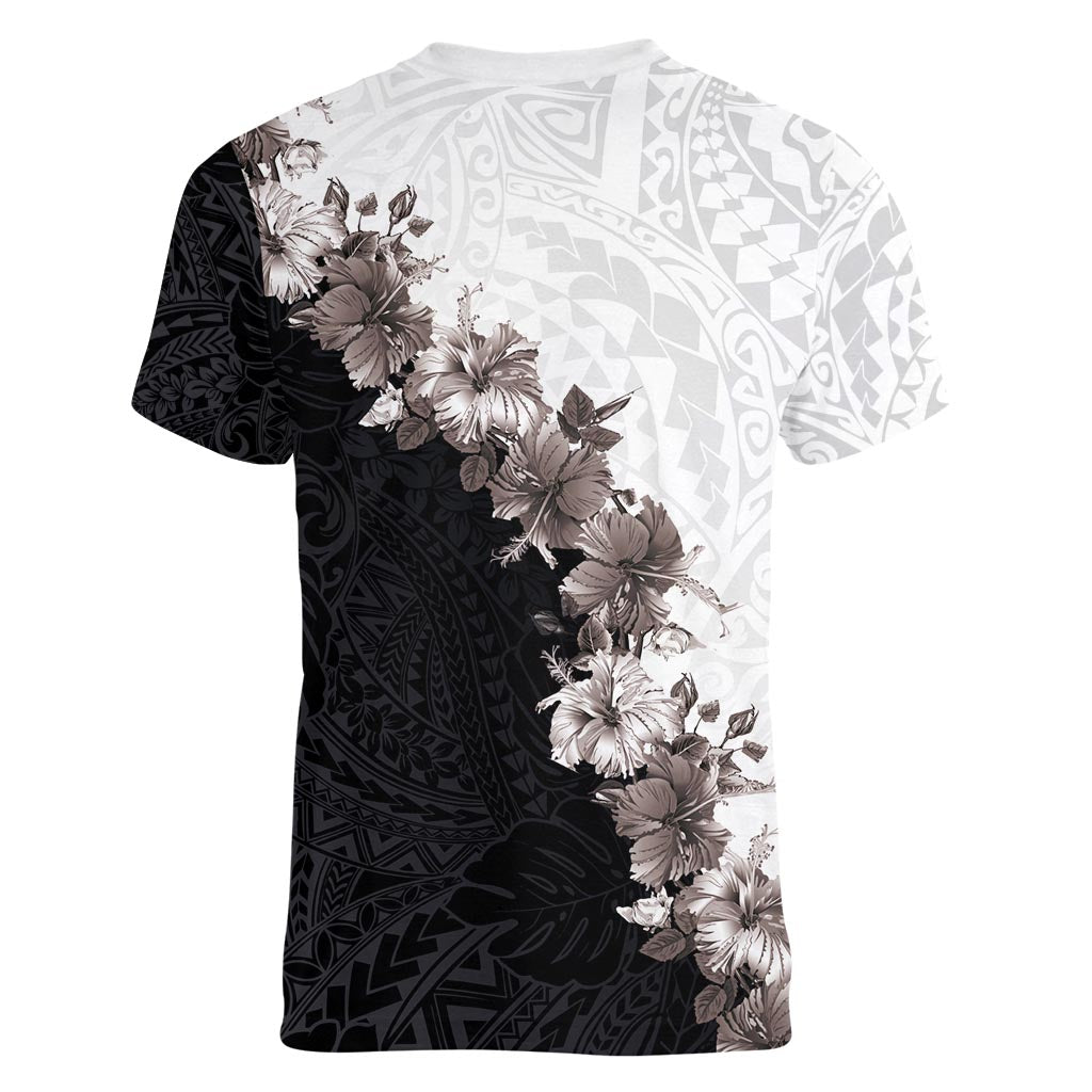 Hawaii Grayscale Hibiscus Flowers Women V-Neck T-Shirt Polynesian Pattern With Half Black White Version LT03 - Polynesian Pride