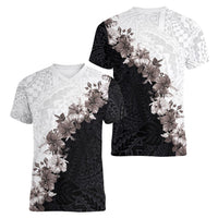 Hawaii Grayscale Hibiscus Flowers Women V-Neck T-Shirt Polynesian Pattern With Half Black White Version LT03 - Polynesian Pride