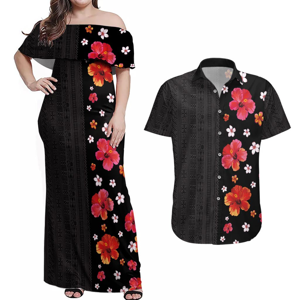 Hawaii Hibiscus and Plumeria Flowers Couples Matching Off Shoulder Maxi Dress and Hawaiian Shirt Tapa Tribal Pattern Half Style Colorful Mode