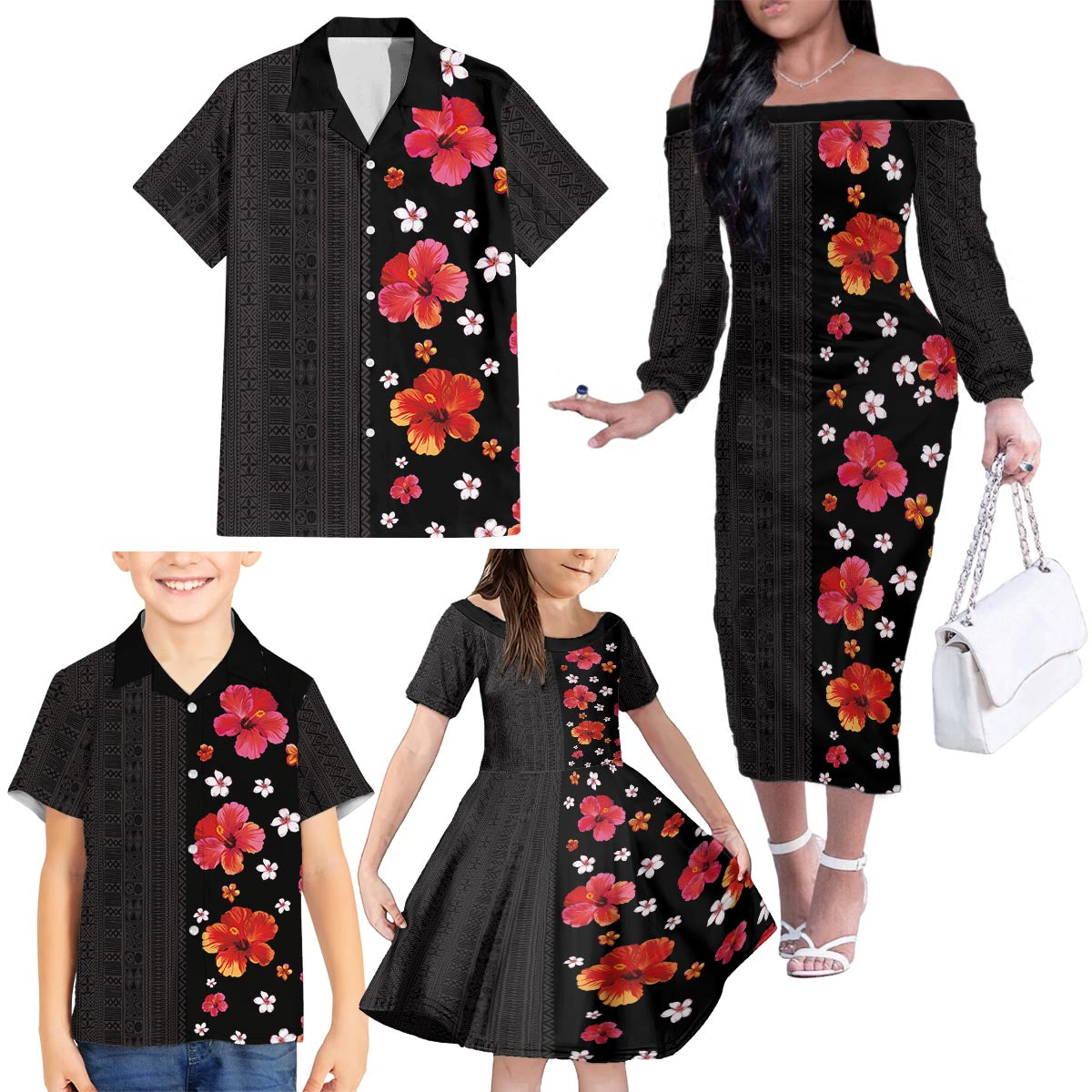 Hawaii Hibiscus and Plumeria Flowers Family Matching Off The Shoulder Long Sleeve Dress and Hawaiian Shirt Tapa Tribal Pattern Half Style Colorful Mode