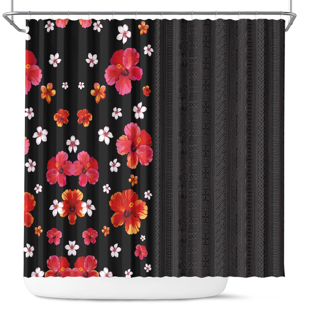 Hawaii Hibiscus and Plumeria Flowers Shower Curtain Tapa Tribal Pattern Half Style Colorful Mode