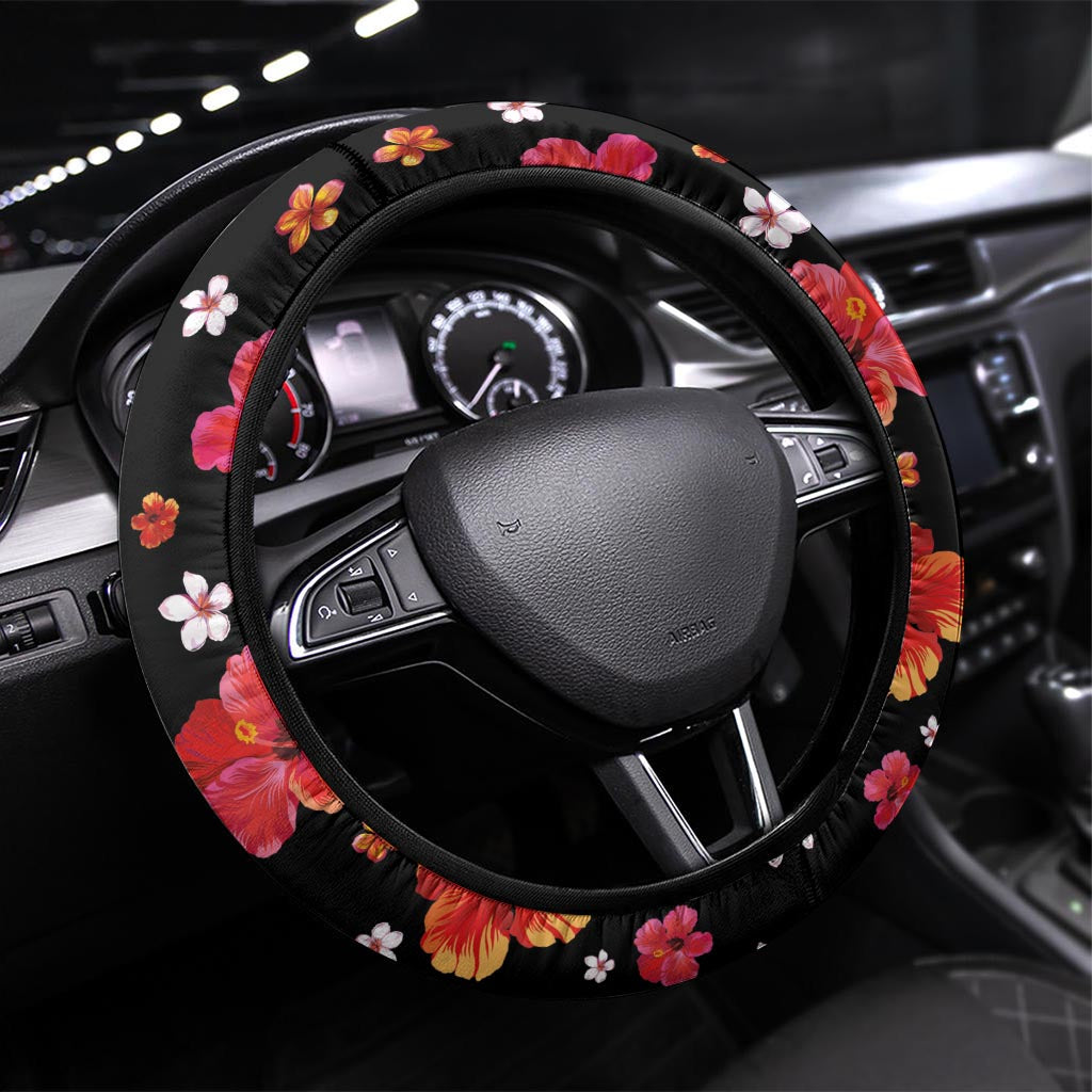 Hawaii Hibiscus and Plumeria Flowers Steering Wheel Cover Tapa Tribal Pattern Half Style Colorful Mode LT03 Universal Fit Black - Polynesian Pride