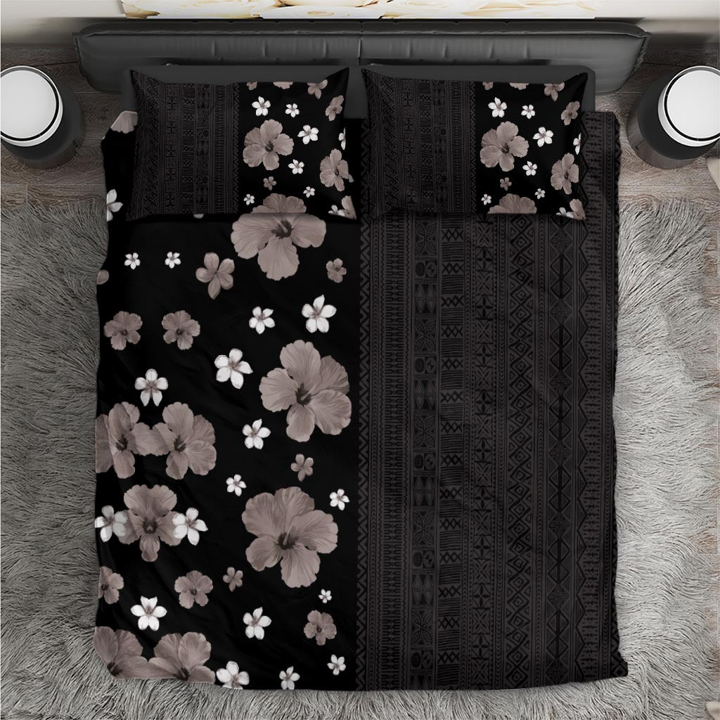 Hawaii Hibiscus and Plumeria Flowers Bedding Set Tapa Tribal Pattern Half Style Grayscale Mode