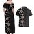 Hawaii Hibiscus and Plumeria Flowers Couples Matching Off Shoulder Maxi Dress and Hawaiian Shirt Tapa Tribal Pattern Half Style Grayscale Mode