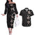 Hawaii Hibiscus and Plumeria Flowers Couples Matching Off The Shoulder Long Sleeve Dress and Hawaiian Shirt Tapa Tribal Pattern Half Style Grayscale Mode