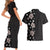 Hawaii Hibiscus and Plumeria Flowers Couples Matching Short Sleeve Bodycon Dress and Hawaiian Shirt Tapa Tribal Pattern Half Style Grayscale Mode