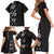 Hawaii Hibiscus and Plumeria Flowers Family Matching Short Sleeve Bodycon Dress and Hawaiian Shirt Tapa Tribal Pattern Half Style Grayscale Mode