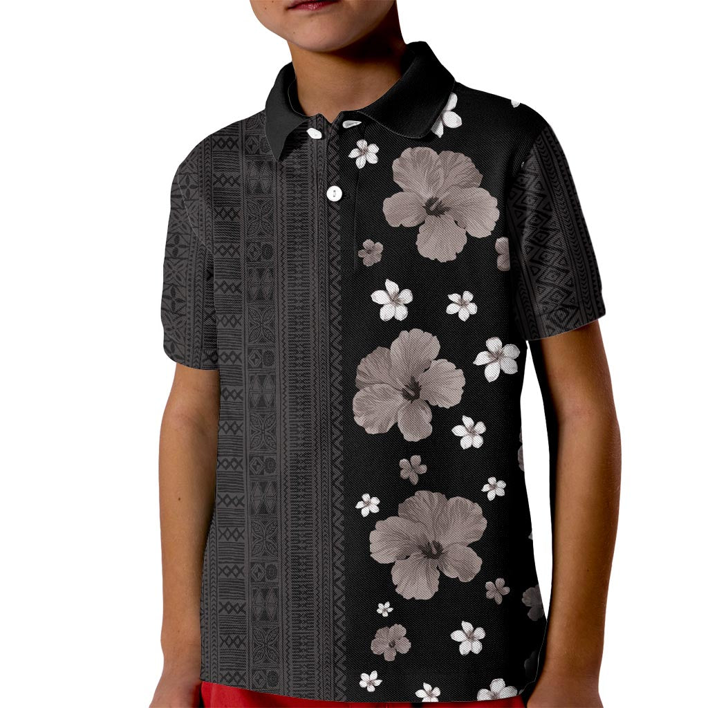 Hawaii Hibiscus and Plumeria Flowers Kid Polo Shirt Tapa Tribal Pattern Half Style Grayscale Mode LT03 Kid Black - Polynesian Pride