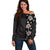 Hawaii Hibiscus and Plumeria Flowers Off Shoulder Sweater Tapa Tribal Pattern Half Style Grayscale Mode