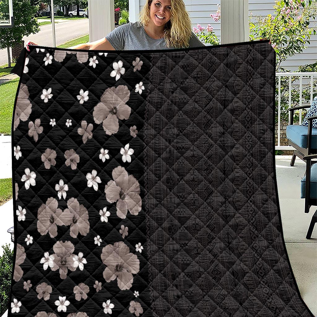 Hawaii Hibiscus and Plumeria Flowers Quilt Tapa Tribal Pattern Half Style Grayscale Mode