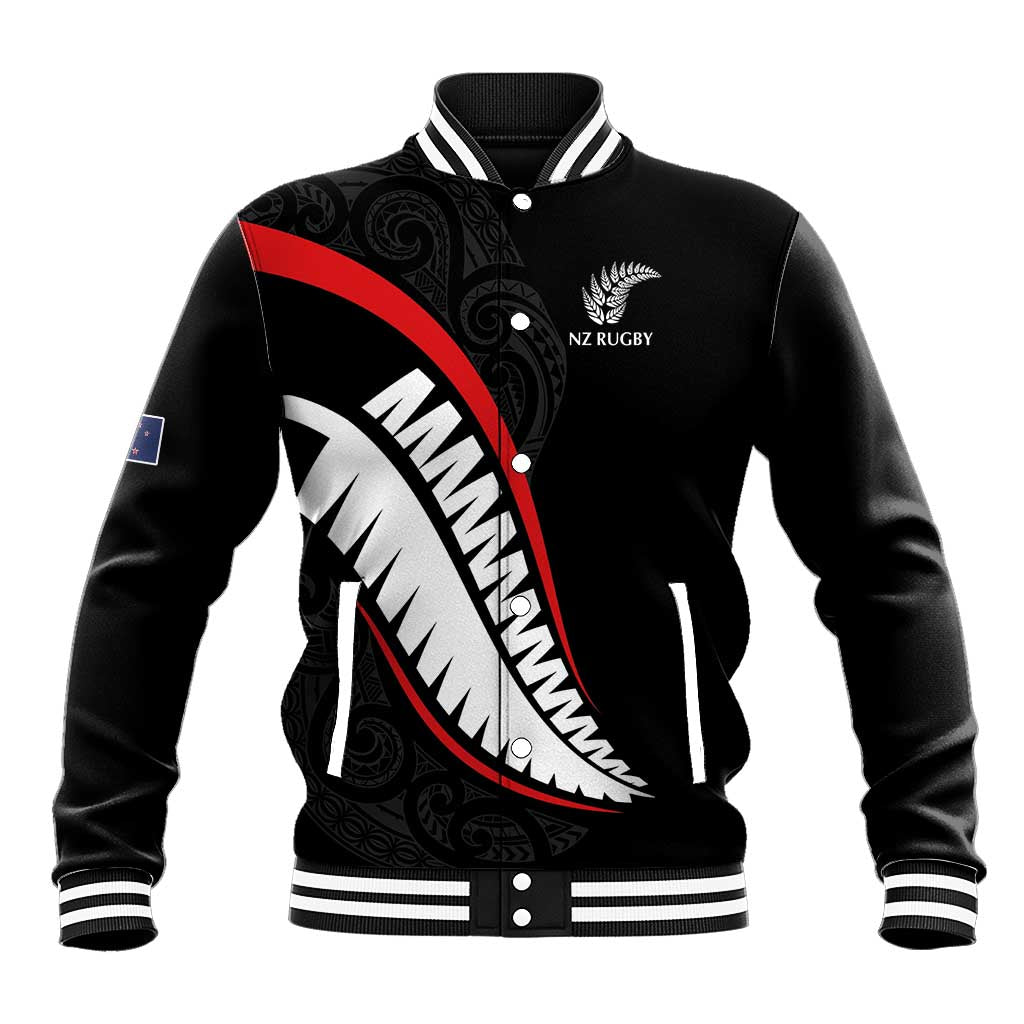 New Zealand Rugby Custom Baseball Jacket Sporty Silver Fern Shape with Maori Tattoos LT03 Unisex Black - Polynesian Pride