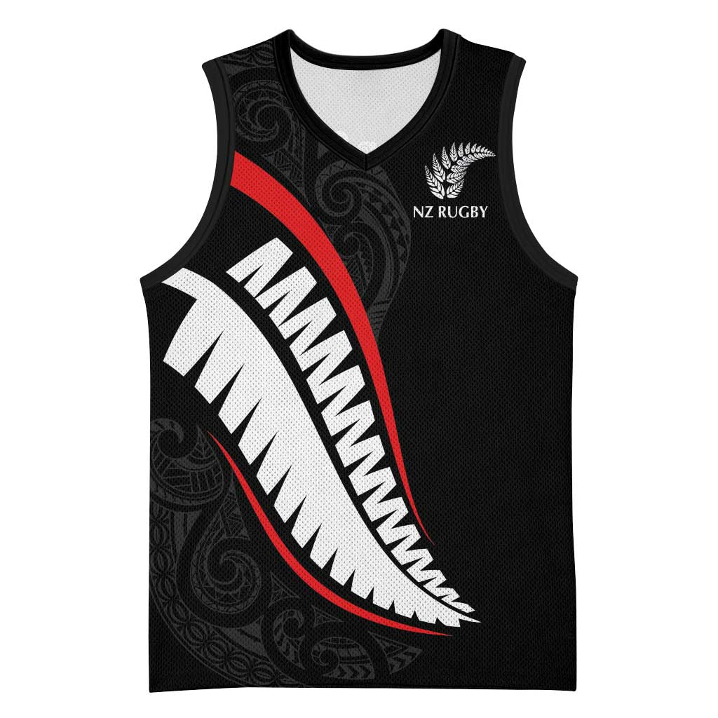 New Zealand Rugby Custom Basketball Jersey Sporty Silver Fern Shape with Maori Tattoos LT03 Unisex Black - Polynesian Pride