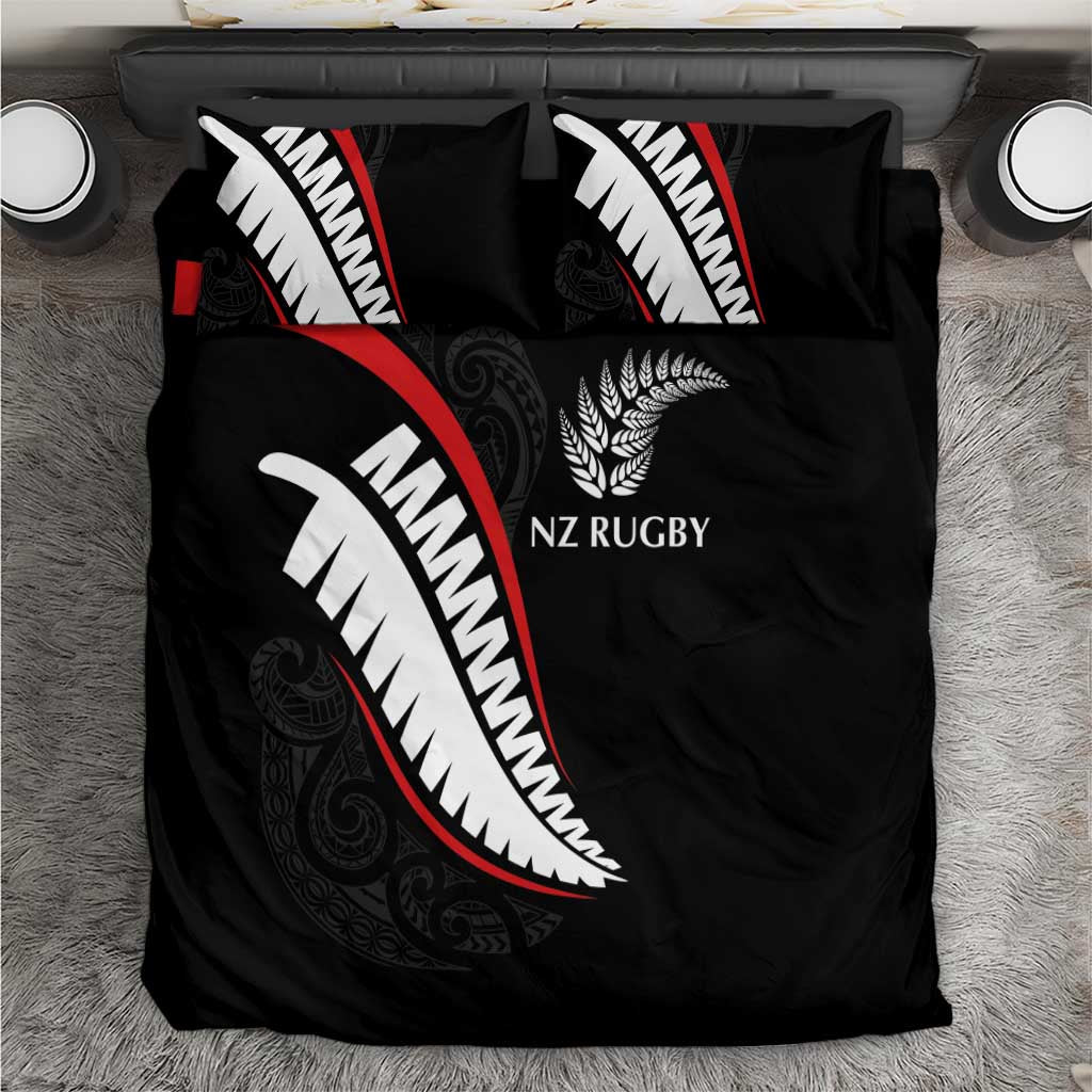 New Zealand Rugby Bedding Set Sporty Silver Fern Shape with Maori Tattoos LT03 Black - Polynesian Pride