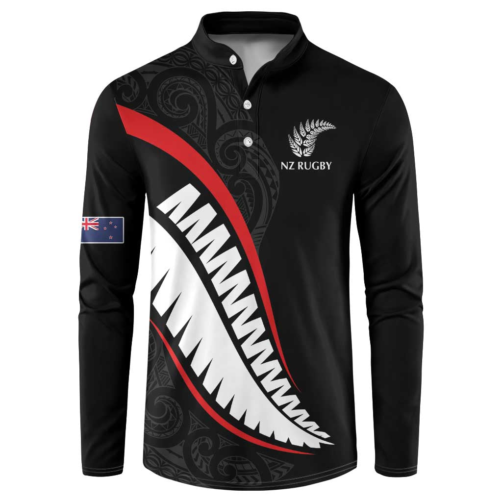 New Zealand Rugby Custom Button Sweatshirt Sporty Silver Fern Shape with Maori Tattoos LT03 Black - Polynesian Pride