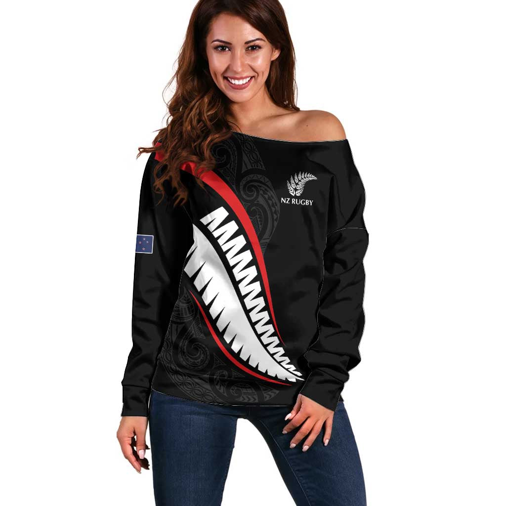 New Zealand Rugby Custom Off Shoulder Sweater Sporty Silver Fern Shape with Maori Tattoos LT03 Women Black - Polynesian Pride