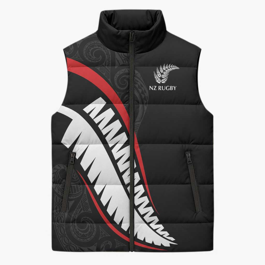 New Zealand Rugby Custom Sleeveless Puffer Jacket Sporty Silver Fern Shape with Maori Tattoos LT03 Unisex Black - Polynesian Pride