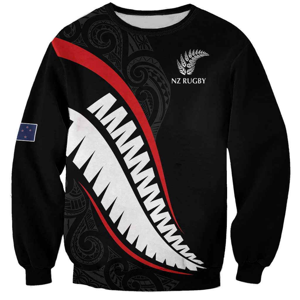 New Zealand Rugby Custom Sweatshirt Sporty Silver Fern Shape with Maori Tattoos LT03 Unisex Black - Polynesian Pride
