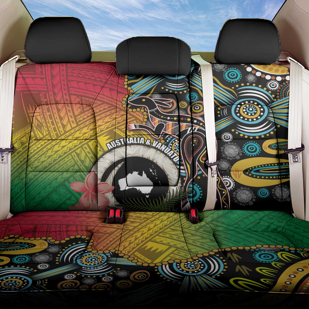 Vanuatu and Australia Together Back Car Seat Cover Kangaroo with Pig Tusk Indigenous Pattern LT03 One Size Black - Polynesian Pride