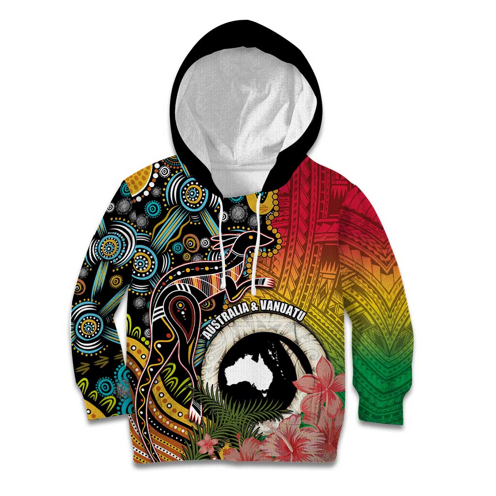 Vanuatu and Australia Together Kid Hoodie Kangaroo with Pig Tusk Indigenous Pattern LT03 Hoodie Black - Polynesian Pride