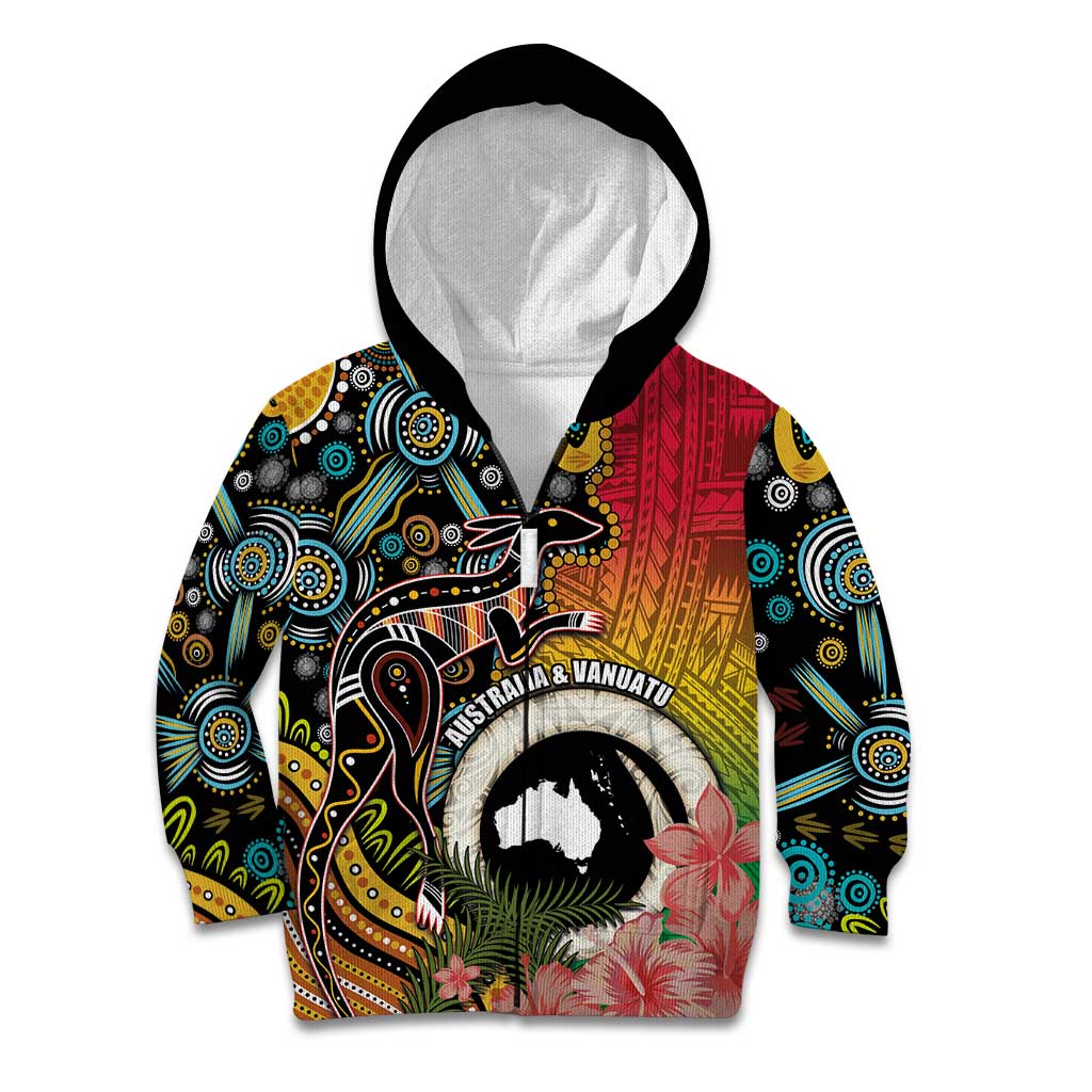 Vanuatu and Australia Together Kid Hoodie Kangaroo with Pig Tusk Indigenous Pattern LT03 Zip Hoodie Black - Polynesian Pride