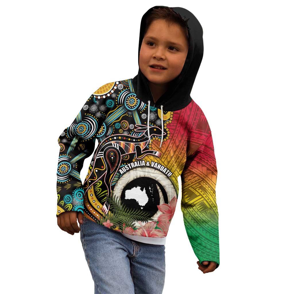 Vanuatu and Australia Together Kid Hoodie Kangaroo with Pig Tusk Indigenous Pattern LT03 - Polynesian Pride