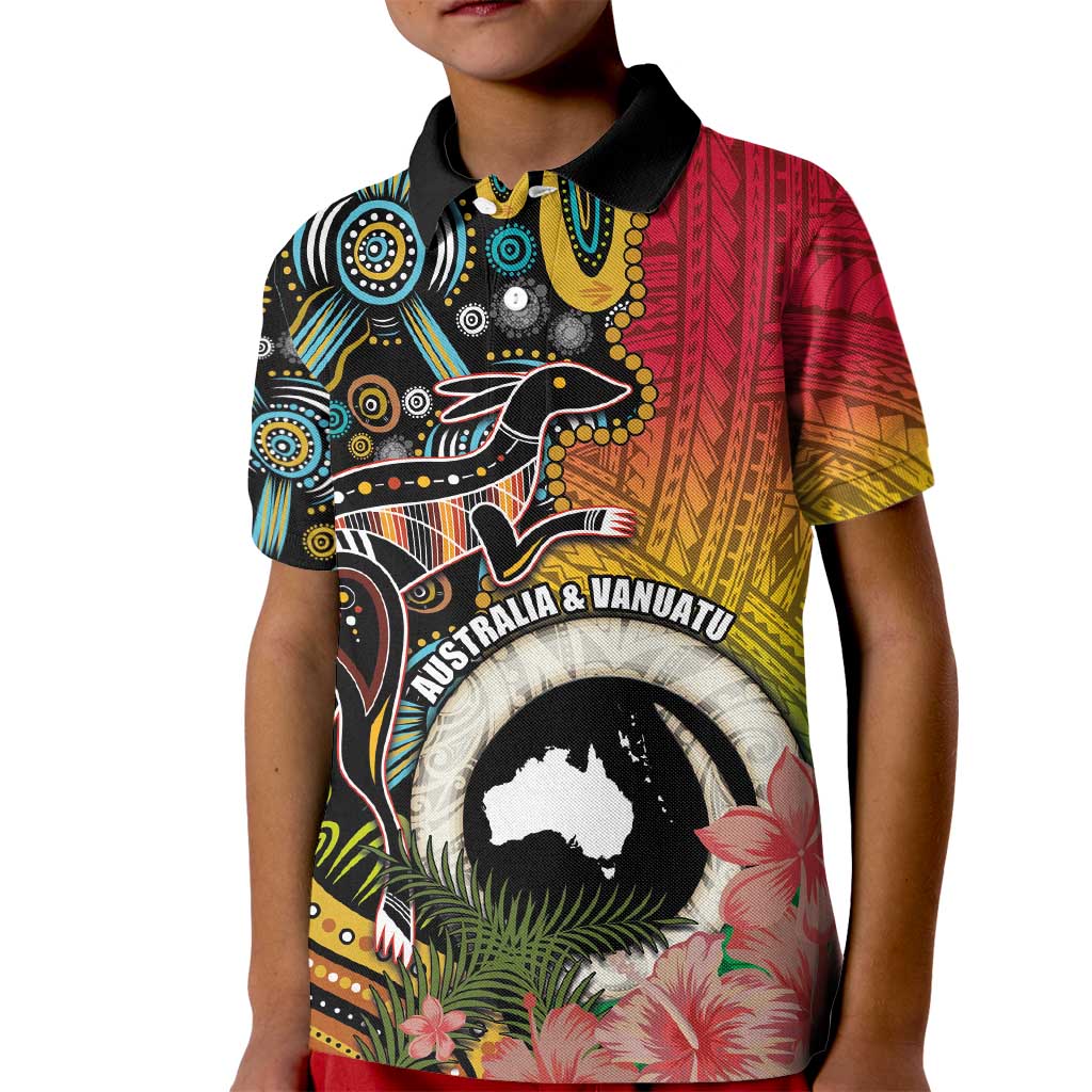 Vanuatu and Australia Together Kid Polo Shirt Kangaroo with Pig Tusk Indigenous Pattern