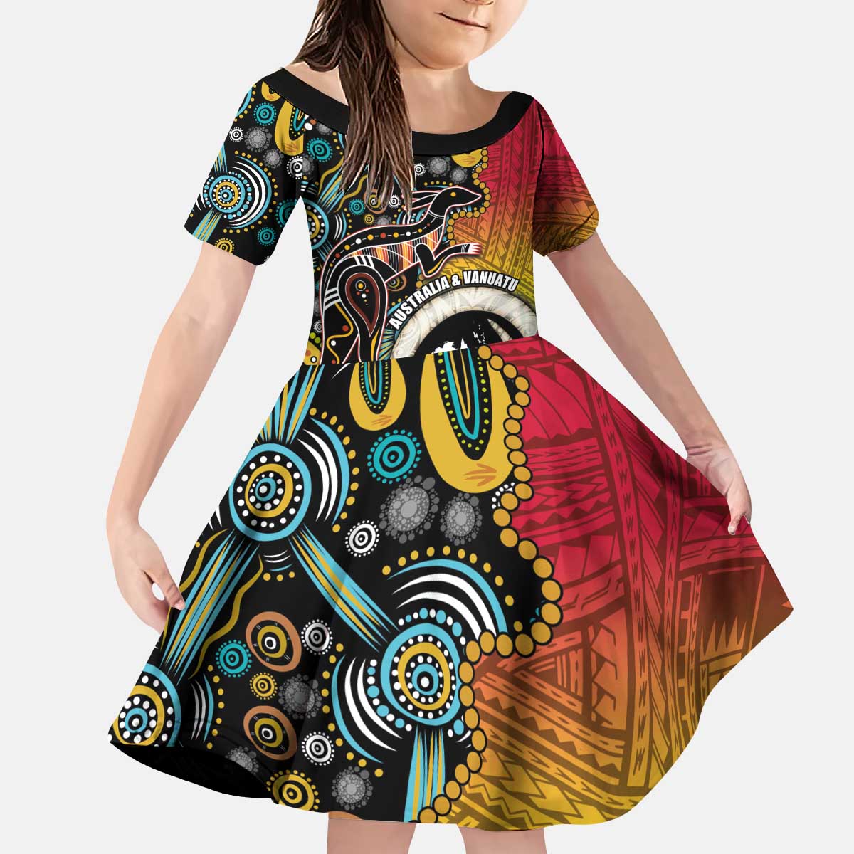 Vanuatu and Australia Together Kid Short Sleeve Dress Kangaroo with Pig Tusk Indigenous Pattern LT03 KID Black - Polynesian Pride