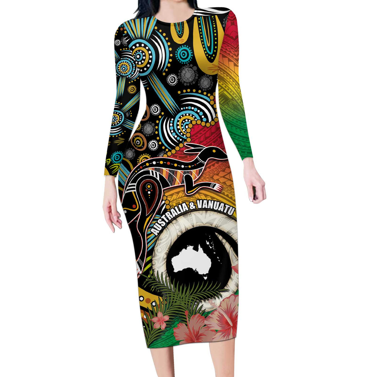 Vanuatu and Australia Together Long Sleeve Bodycon Dress Kangaroo with Pig Tusk Indigenous Pattern LT03 Long Dress Black - Polynesian Pride