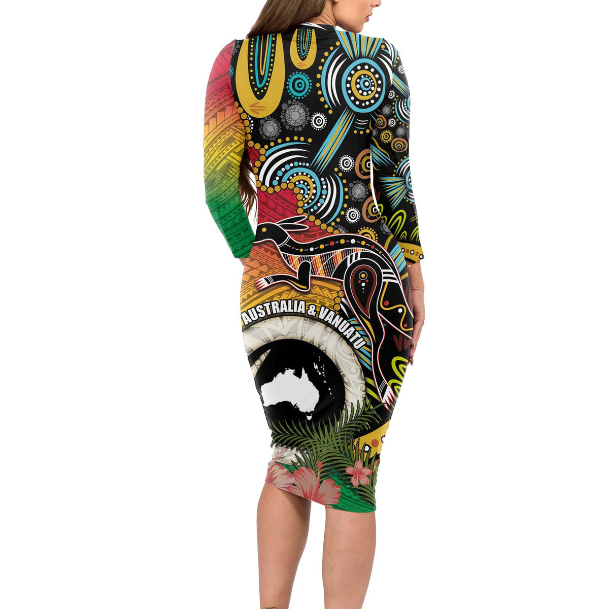 Vanuatu and Australia Together Long Sleeve Bodycon Dress Kangaroo with Pig Tusk Indigenous Pattern LT03 - Polynesian Pride