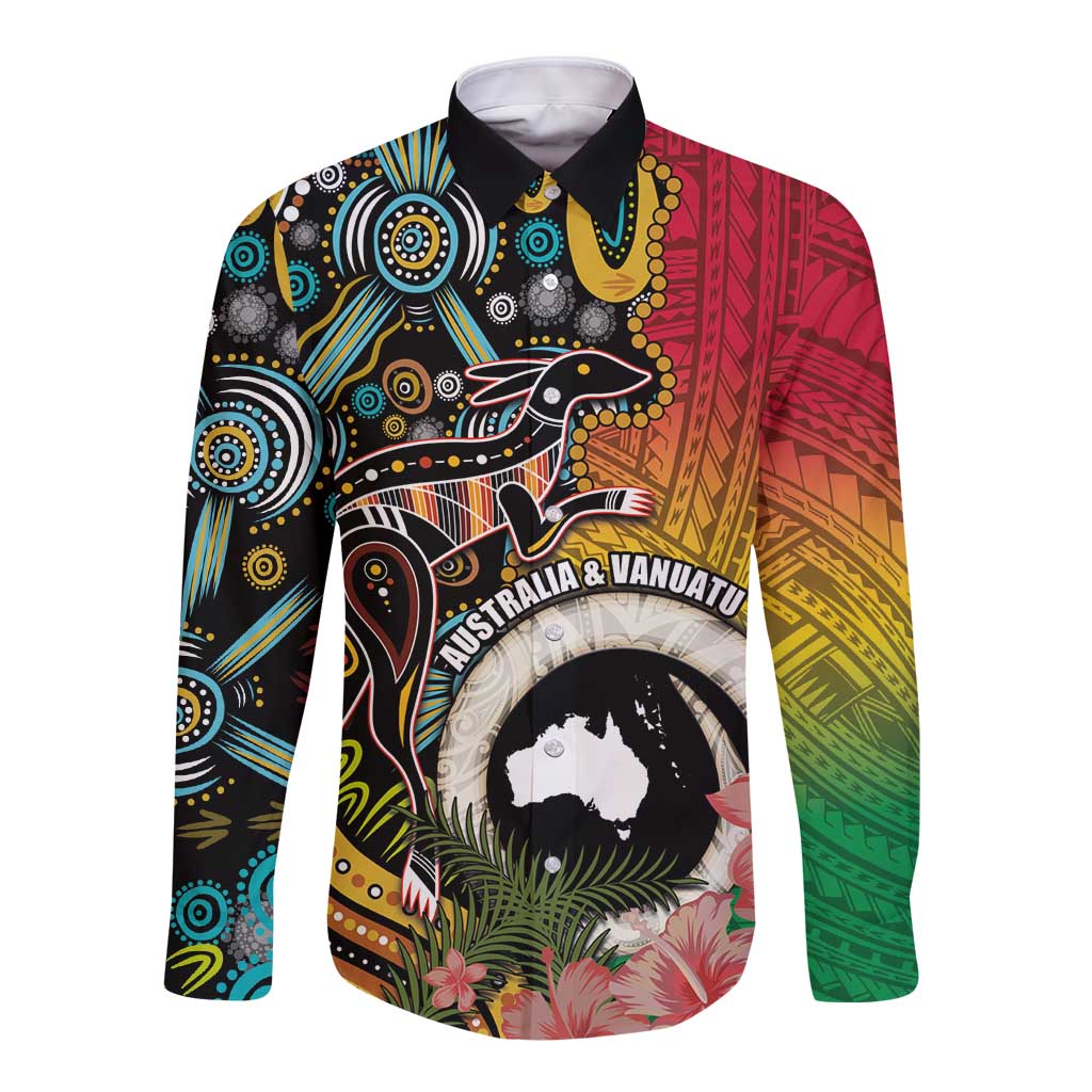 Vanuatu and Australia Together Long Sleeve Button Shirt Kangaroo with Pig Tusk Indigenous Pattern LT03 Unisex Black - Polynesian Pride