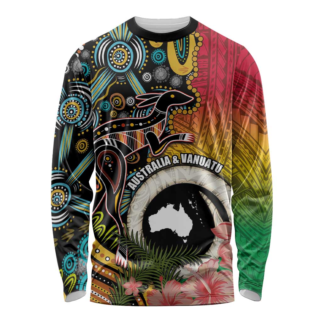 Vanuatu and Australia Together Long Sleeve Shirt Kangaroo with Pig Tusk Indigenous Pattern LT03 Unisex Black - Polynesian Pride