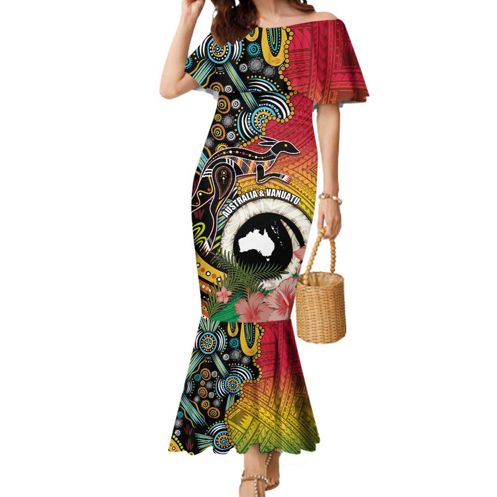 Vanuatu and Australia Together Mermaid Dress Kangaroo with Pig Tusk Indigenous Pattern LT03 Women Black - Polynesian Pride