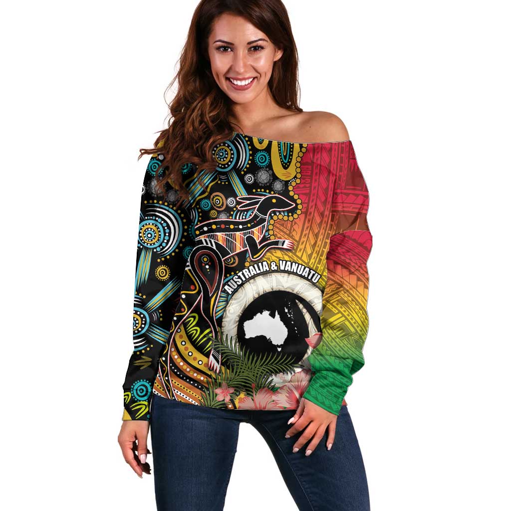 Vanuatu and Australia Together Off Shoulder Sweater Kangaroo with Pig Tusk Indigenous Pattern LT03 Women Black - Polynesian Pride