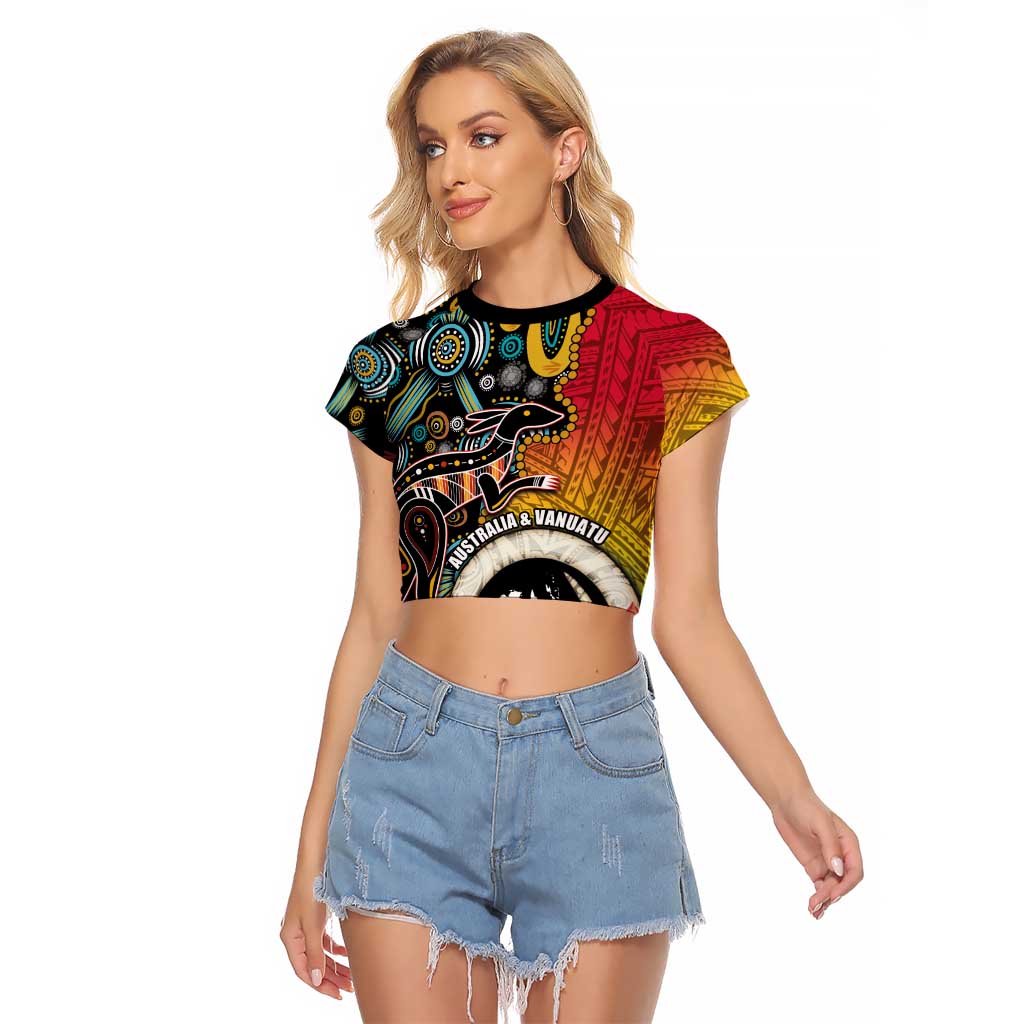 Vanuatu and Australia Together Raglan Cropped T Shirt Kangaroo with Pig Tusk Indigenous Pattern LT03 Female Black - Polynesian Pride