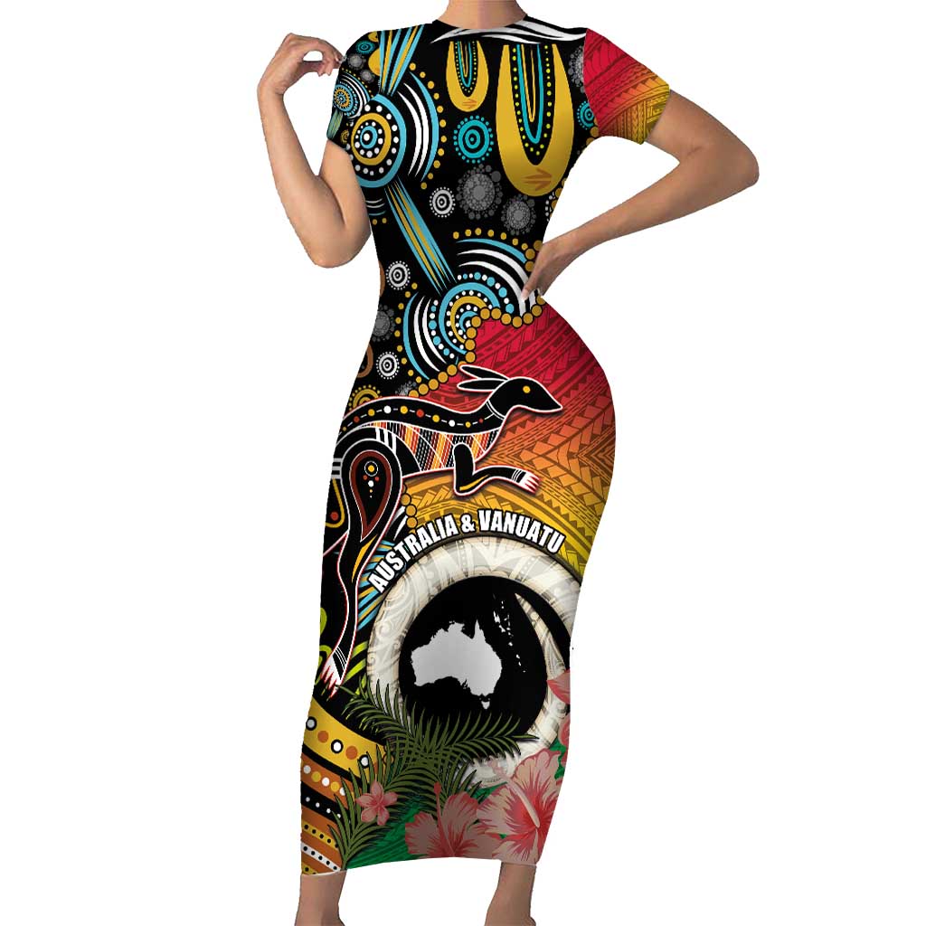 Vanuatu and Australia Together Short Sleeve Bodycon Dress Kangaroo with Pig Tusk Indigenous Pattern LT03 Long Dress Black - Polynesian Pride