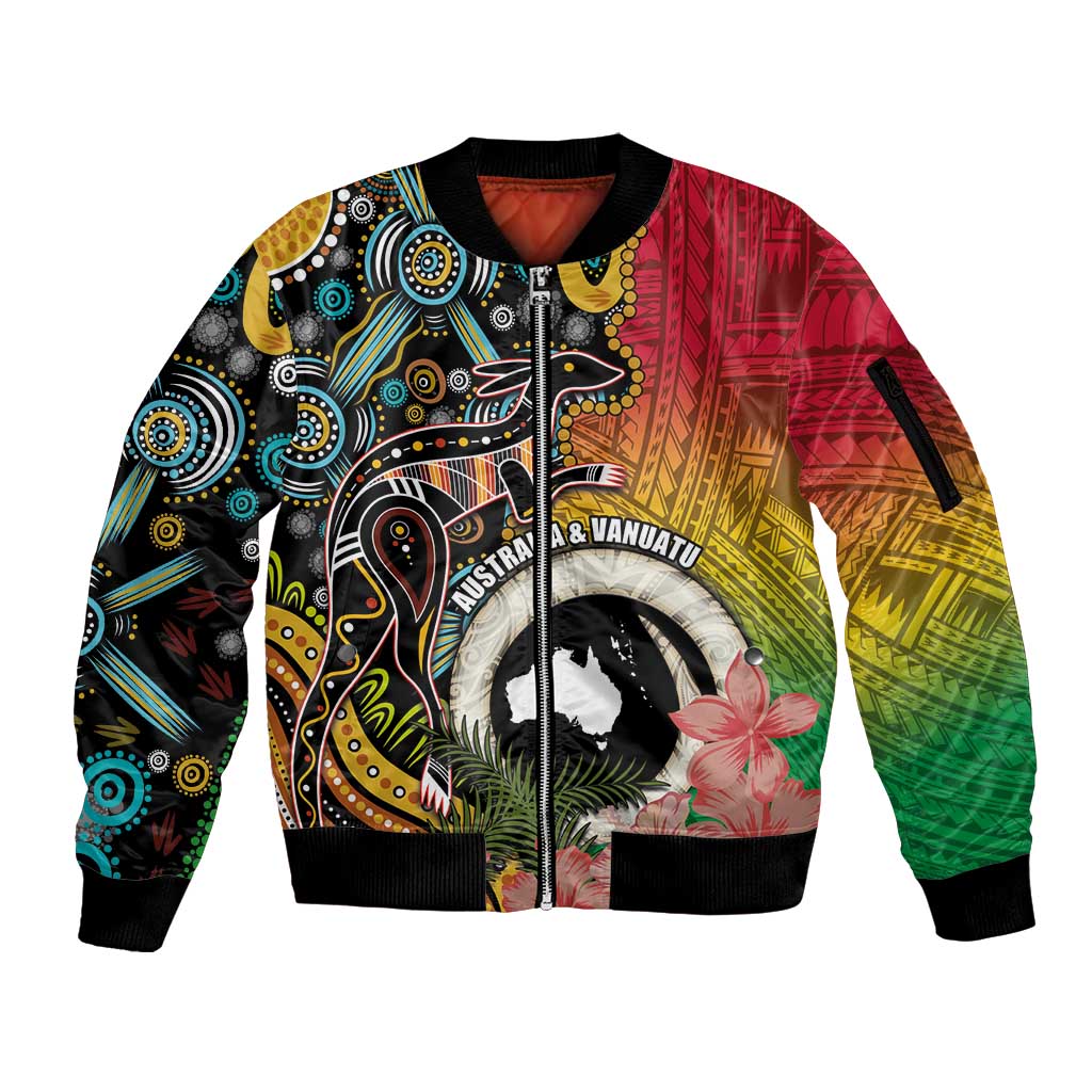 Vanuatu and Australia Together Sleeve Zip Bomber Jacket Kangaroo with Pig Tusk Indigenous Pattern LT03 Unisex Black - Polynesian Pride