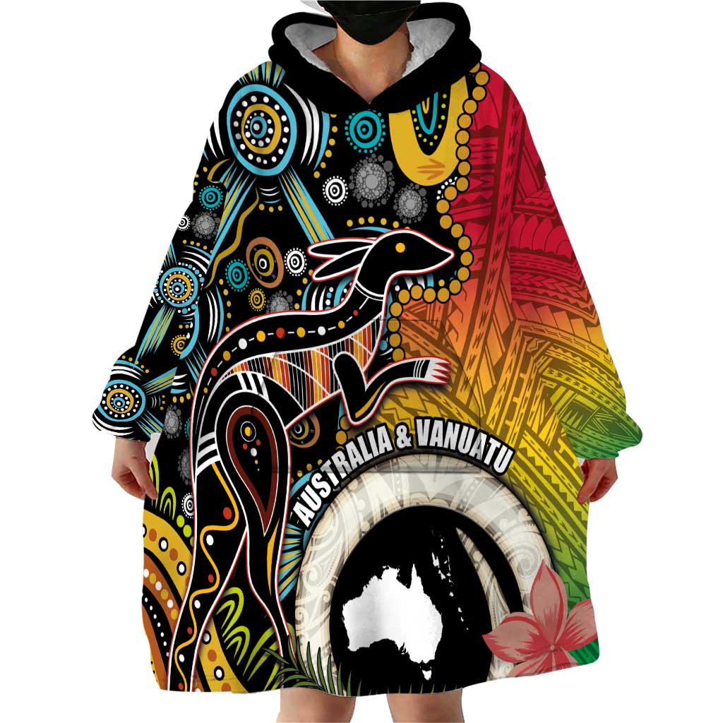 Vanuatu and Australia Together Wearable Blanket Hoodie Kangaroo with Pig Tusk Indigenous Pattern LT03 - Polynesian Pride